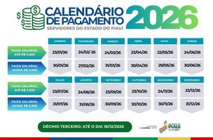 Governo do Piauí divulga calendário de pagamento dos servidores para 2026 (Foto: Divulgação)