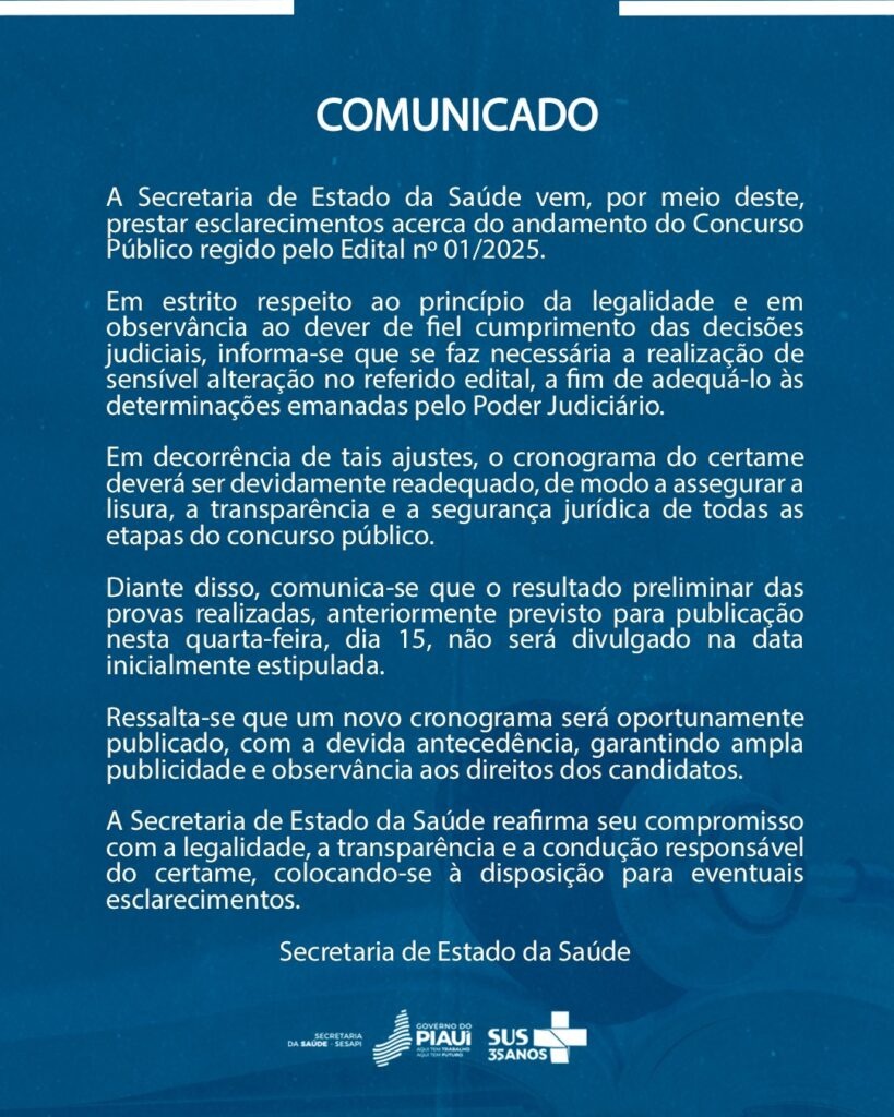 Sesapi readequa cronograma de concurso para atender decisão judicial